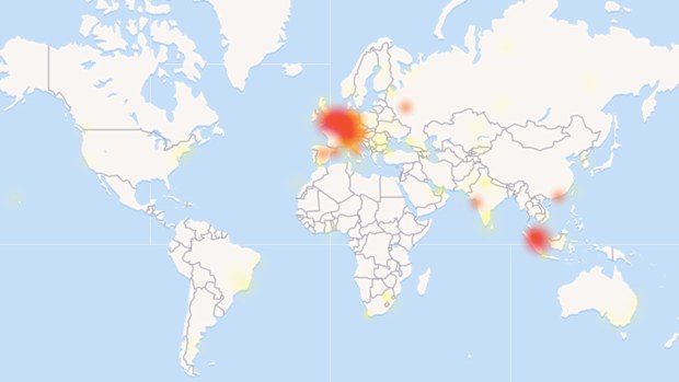 A heat map shows where the thousands of WhatsApp users are reporting issues. (DownDetector)