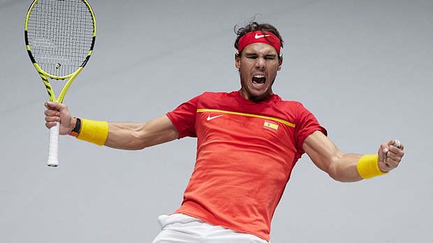 Rafael Nadal celebrates Spain progressing to the Davis Cup semi-finals