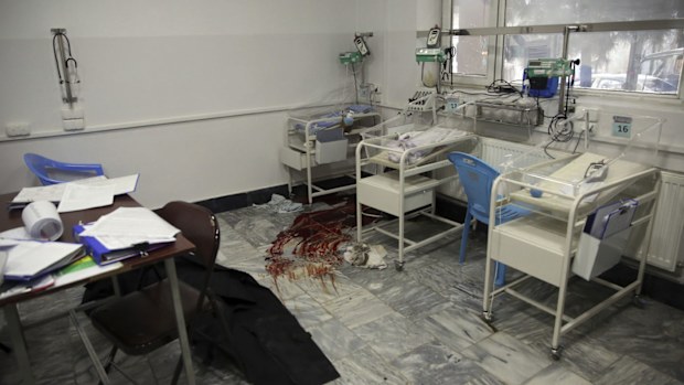 Bloodstains on the floor of a maternity hospital in Kabul.