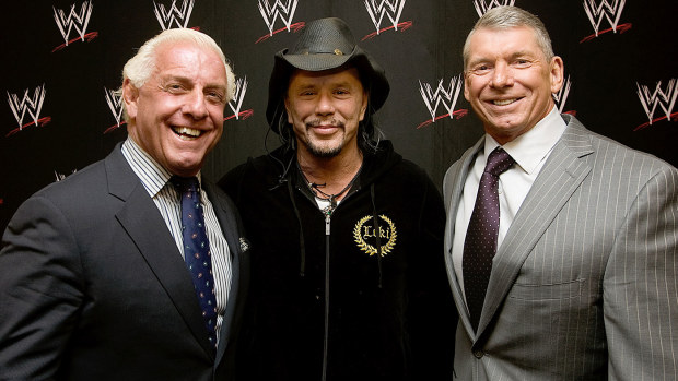 (L-R) RIc Flair, actor Mickey Rourke, WWE Chairman Vince McMahon 