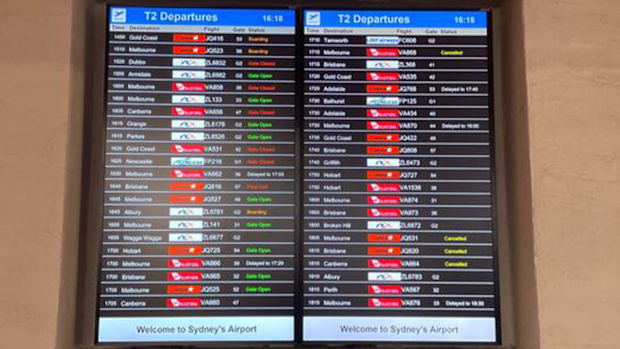 Cancellations played out at Sydney Airport T2 last week.
