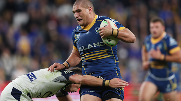 Wiremu Greig of the Eels is tackled during the round 13 NRL match between Parramatta Eels and North Queensland Cowboys.