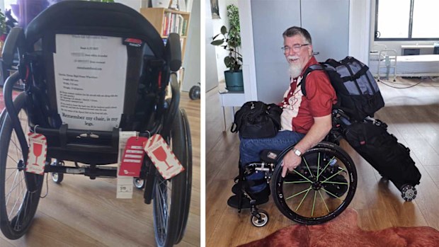 Stuart Hurst travels often. Pictured at left is a notice he has attached to his wheelchair for airline baggage handlers.