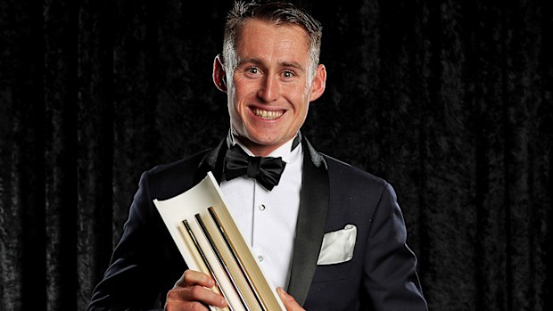 Marnus Labuschagne poses with the Men's Test Player of the Year award 