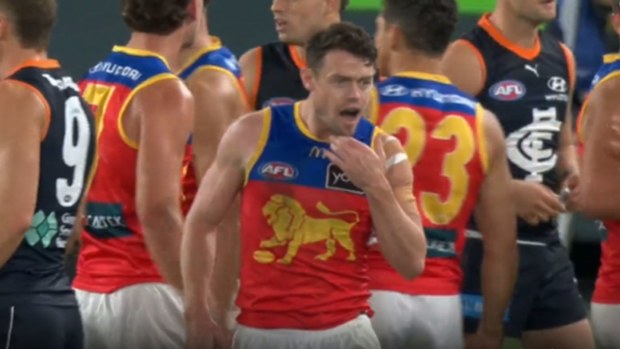 Brisbane star Lachie Neale was clocked on the chin by a stray elbow from Carlton defender Nic Newman