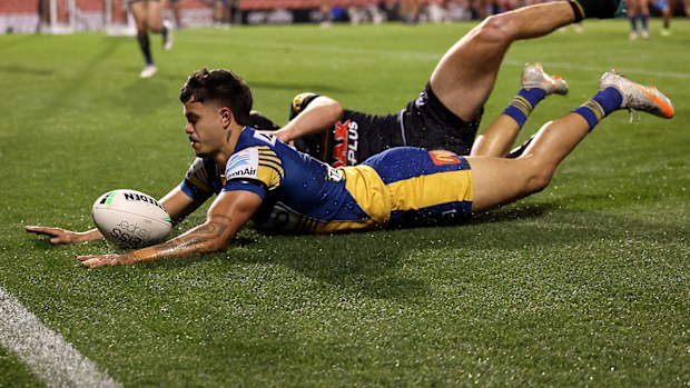 Haze Dunster of the Eels grounds the ball in-goal during the round 16 NRL match between the Penrith Panthers and the Parramatta Eels at BlueBet Stadium on July 02, 2021.