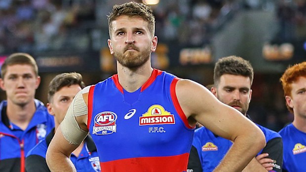 Marcus Bontempelli looks dejected after losing the AFL grand final