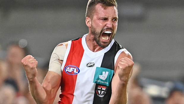 Jarryn Geary of the Saints celebrates after scoring a goal 