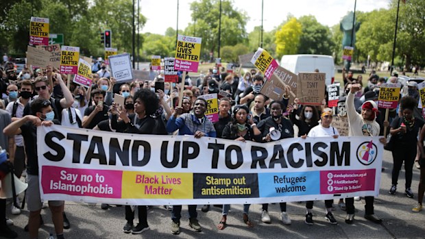 Anti-racism protesters attend a Black Lives Matter demonstration on June 13, 2020 in London, England.