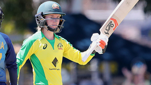 Rachael Haynes of Australia brings up 100 runs during game two of the International Women's One Day International Series between Australia and Sri Lanka