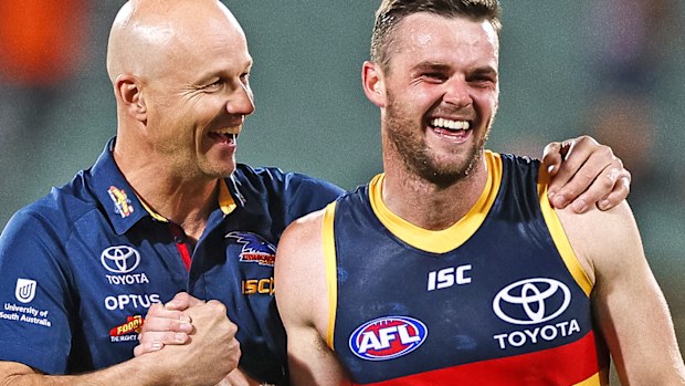 Crows Senior Coach Matthew Nicks with Brad Crouch 