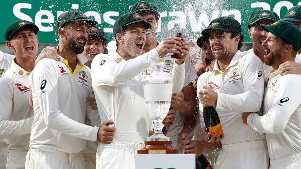 Australia celebrates retaining the Ashes in 2019.