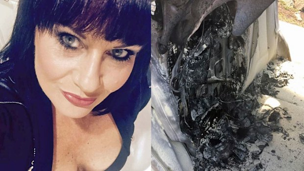 Leesa Horn and the inside of her burnt out Hyundai Accent.