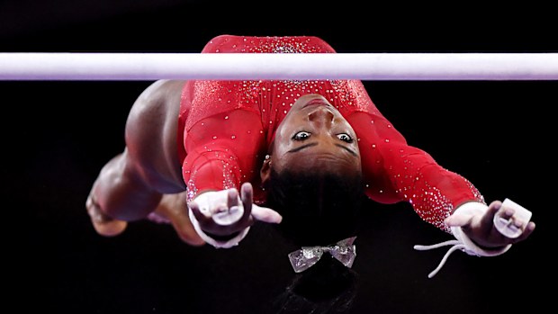 Simone Biles of United States competes in Women's Uneven Bars Final in the Apparatus Finals 