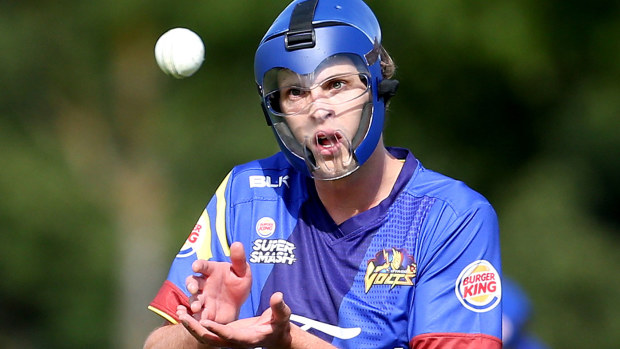 Otago's Warren Barnes wore a helmet while bowling in a game in New Zealand in 2017.
