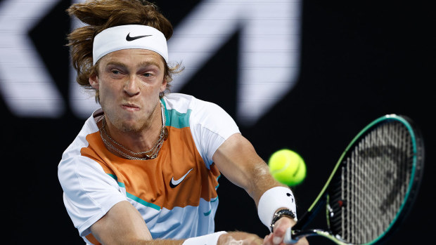 Andrey Rublev of Russia plays a backhand in his third round singles match against Marin Cilic 