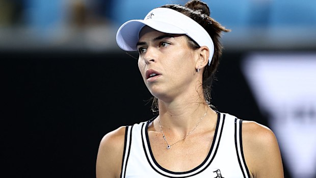 Ajla Tomljanovic of Australia reacts in her first round singles match against Paula Badosa of Spain