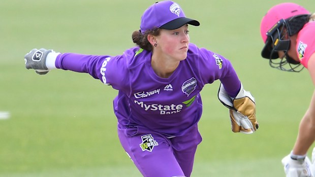 Emily Smith of the Hurricanes in action during the Women's Big Bash League match between the Sydney Sixers and the Hobart 