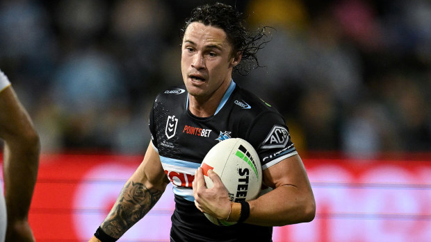 Nicho Hynes in action for the Cronulla Sharks against the Gold Coast Titans in round 18.