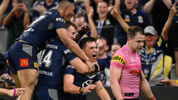 Scott Drinkwater of the Cowboys celebrates after scoring the winning try during the round 16 NRL match between North Queensland and Penrith.