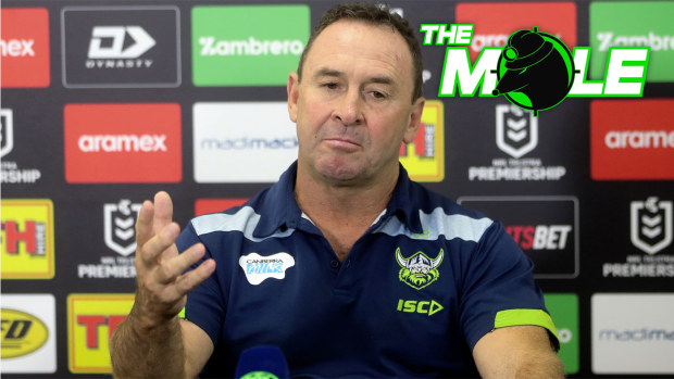Ricky Stuart speaking to the media after a Raiders match.