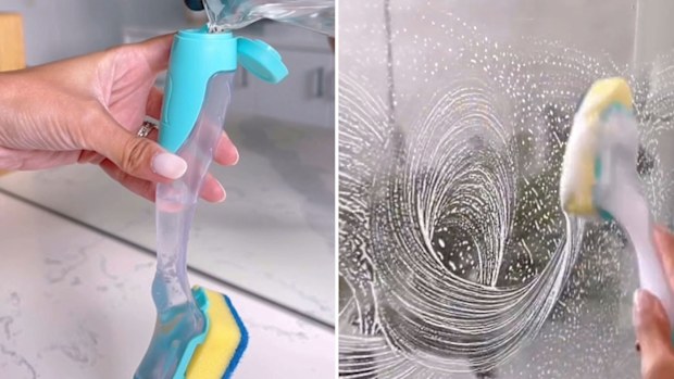 Chantel Mila uses a dish wand with vinegar and dish soap to clean the bathroom and shower.