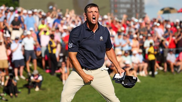 Bryson DeChambeau celebrates after making his putt on the 18th hole during the final round of the PGA Championship at Valhalla Golf Club on Sunday, May 19, 2024 in Louisville, Kentucky. (Photo by Scott Taetsch/PGA of America via Getty Images)
