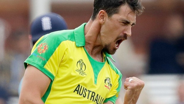 Mitchell Starc celebrates against England