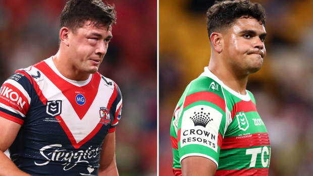 Joey Manu suffered a suspected facial fracture after a big hit from Latrell Mitchell.