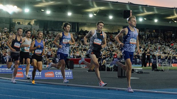 From right: Stewart McSweyn, Jake Wightman and Cameron Myers contesting the John Landy Mile in Melbourne last Thursday night.