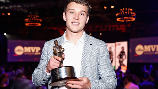 Patrick Cripps of the Blues poses for a photo after winning the Leigh Matthews Trophy, the award presented to the Most Valuable Player of the season