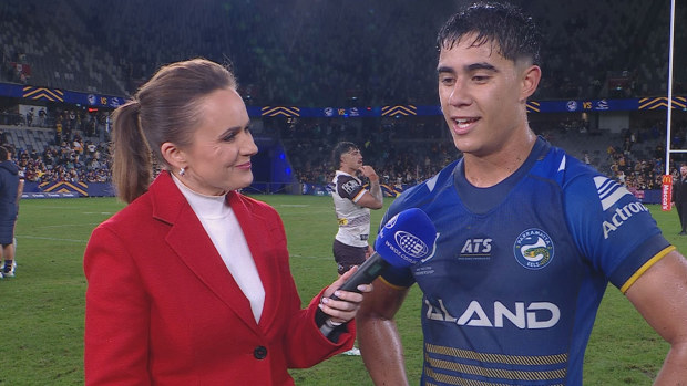 Blaize Talagi talking to Nine's Emma Lawrence after full time.