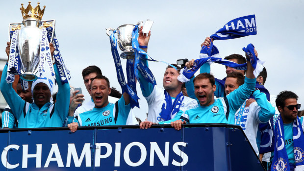 Chelsea celebrating winning the 2014-15 Premier League title.