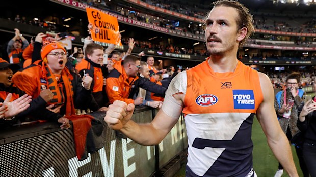  Phil Davis of the Giants celebrates during the 2019 AFL First Preliminary Final 