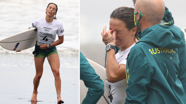 Sally Fitzgibbons of Team Australia shows disappointment after losing her women's Quarter Final on day four of the Tokyo 2020 Olympic Games at Tsurigasaki Surfing Beach on July 27, 2021 in Ichinomiya, Chiba, Japan. (Photo by Ryan Pierse/Getty Images)