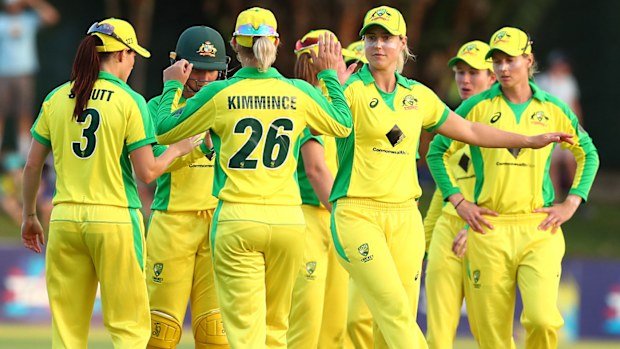 Australia celebrate winning game two of the International Women's One Day International Series between Australia and Sri Lanka