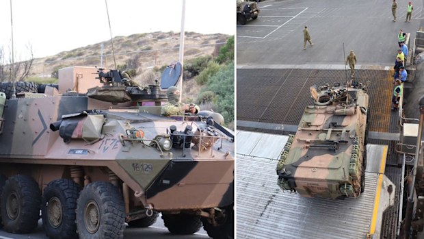 Australian Army's 1st Armoured Regiment loading 6 Armoured Personnel Carriers onto the Sealink ferry from Cape Jervis to Kangaroo Island.