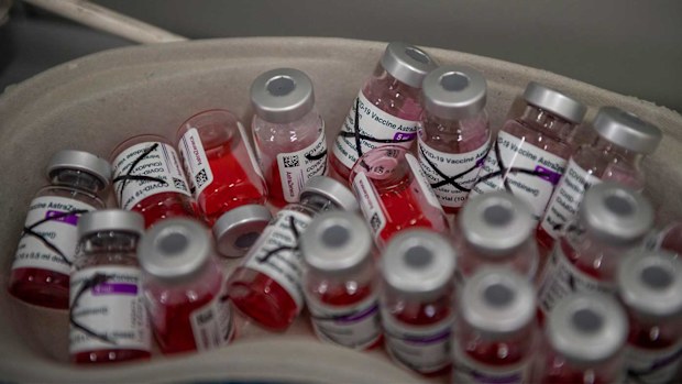 Empty vials of the AstraZeneca COVID-19 vaccine.