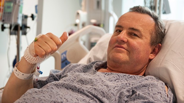 Thomas Manning gives a thumbs up after being asked how he was feeling following the first penis transplant in the United States. (AAP)