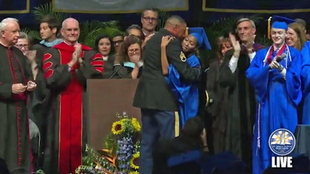 Army dad surprises his daughter at her graduation.