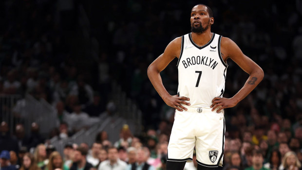 Kevin Durant #7 of the Brooklyn Nets looks