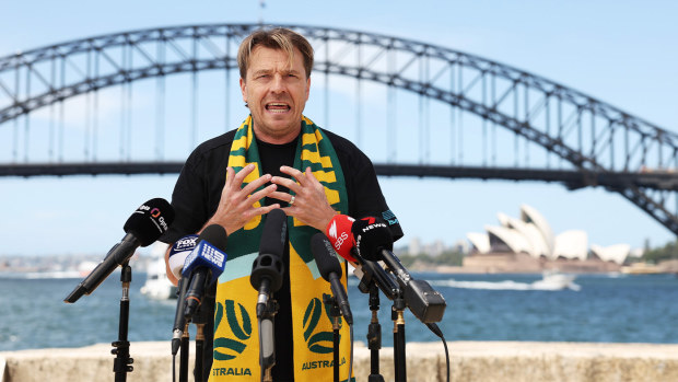 Matildas coach Tony Gustavsson speaking to media at Sydney's Blues Point Reserve.