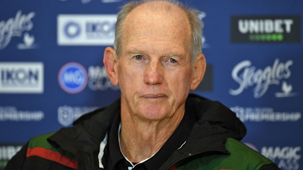 Rabbitohs coach Wayne Bennett speaks during a press conference
