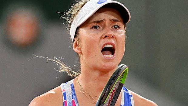Elina Svitolina of Ukraine celebrates after winning a point 