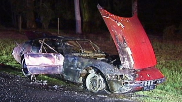 The burnt-out Ferrari Daytona.