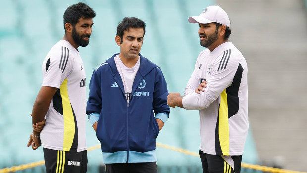 Jasprit Bumrah (left), Gautam Gambhir (centre) and Rohit Sharma in Sydney.