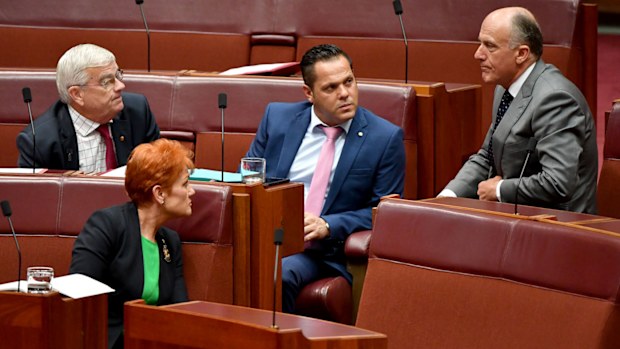 A file photograph of One Nation senators Brian Burston, Pauline Hanson and Peter Georgiou speaking to Liberal senator Eric Abetz. (AAP)