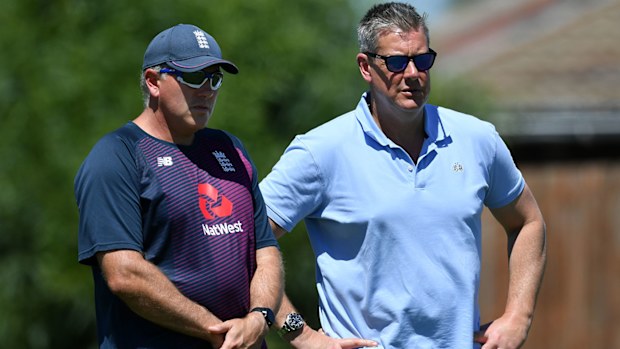 (L) Chris Silverwood, Head Coach of England talks with (R) Ashley Giles, Managing Director of England Cricke