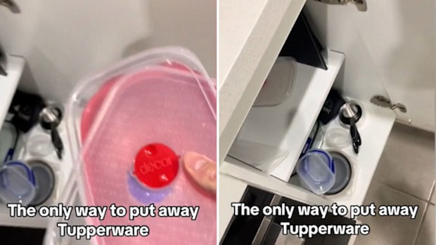 Adam Dean demonstrating how we all throw plastic containers into a cupboard.