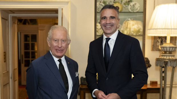 King Charles III receives Peter Malinauskas MP, Premier of South Australia during an audience at Clarence House on September 10, 2025 in London, England.